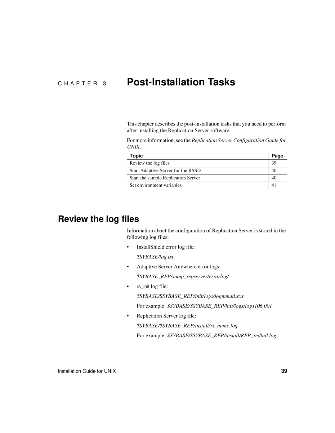 Sybase 15 manual A P T E R 3 Post-Installation Tasks, Review the log files 