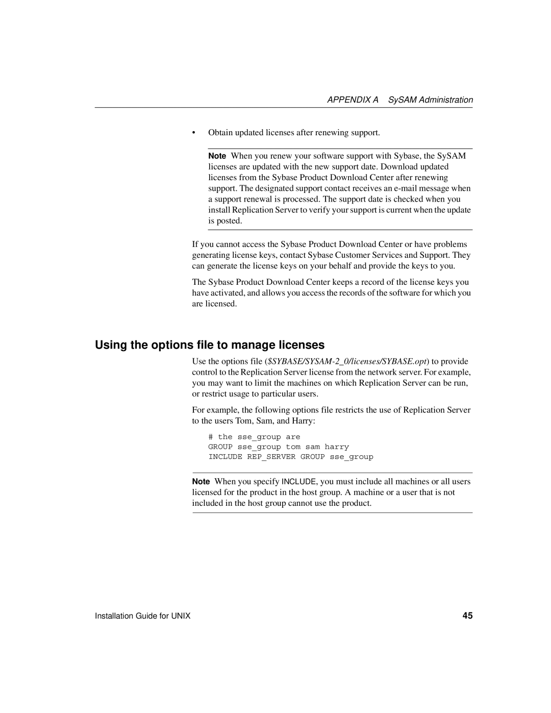 Sybase 15 manual Using the options file to manage licenses, Appendix a SySAM Administration 