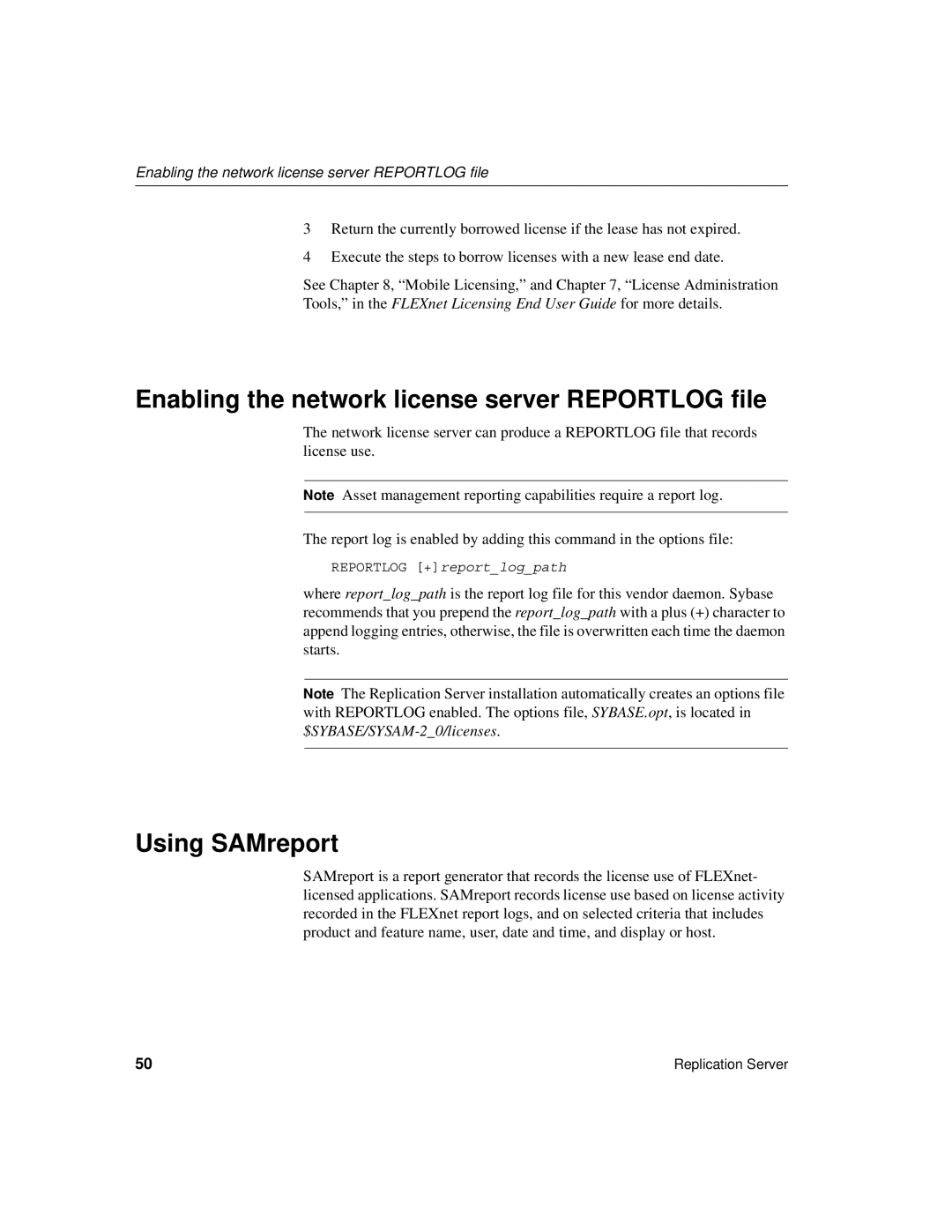 Sybase 15 manual Enabling the network license server Reportlog file, Using SAMreport 