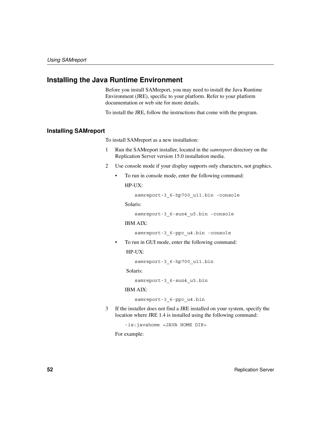 Sybase 15 manual Installing the Java Runtime Environment, Installing SAMreport, Using SAMreport 