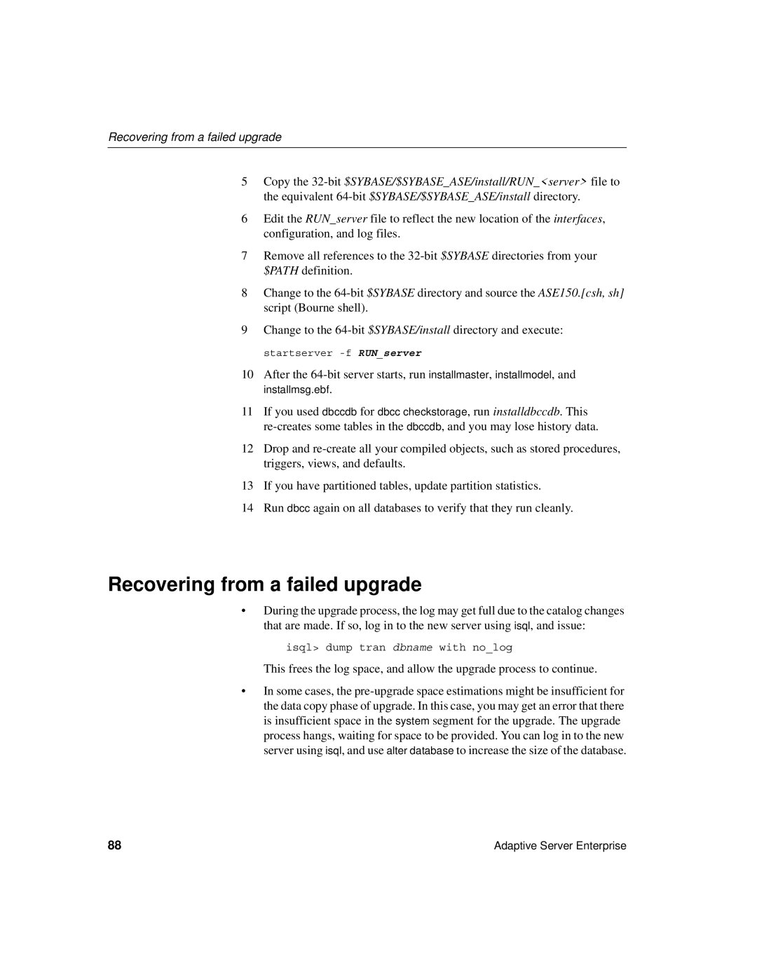 Sybase 15.0.2 manual Recovering from a failed upgrade 