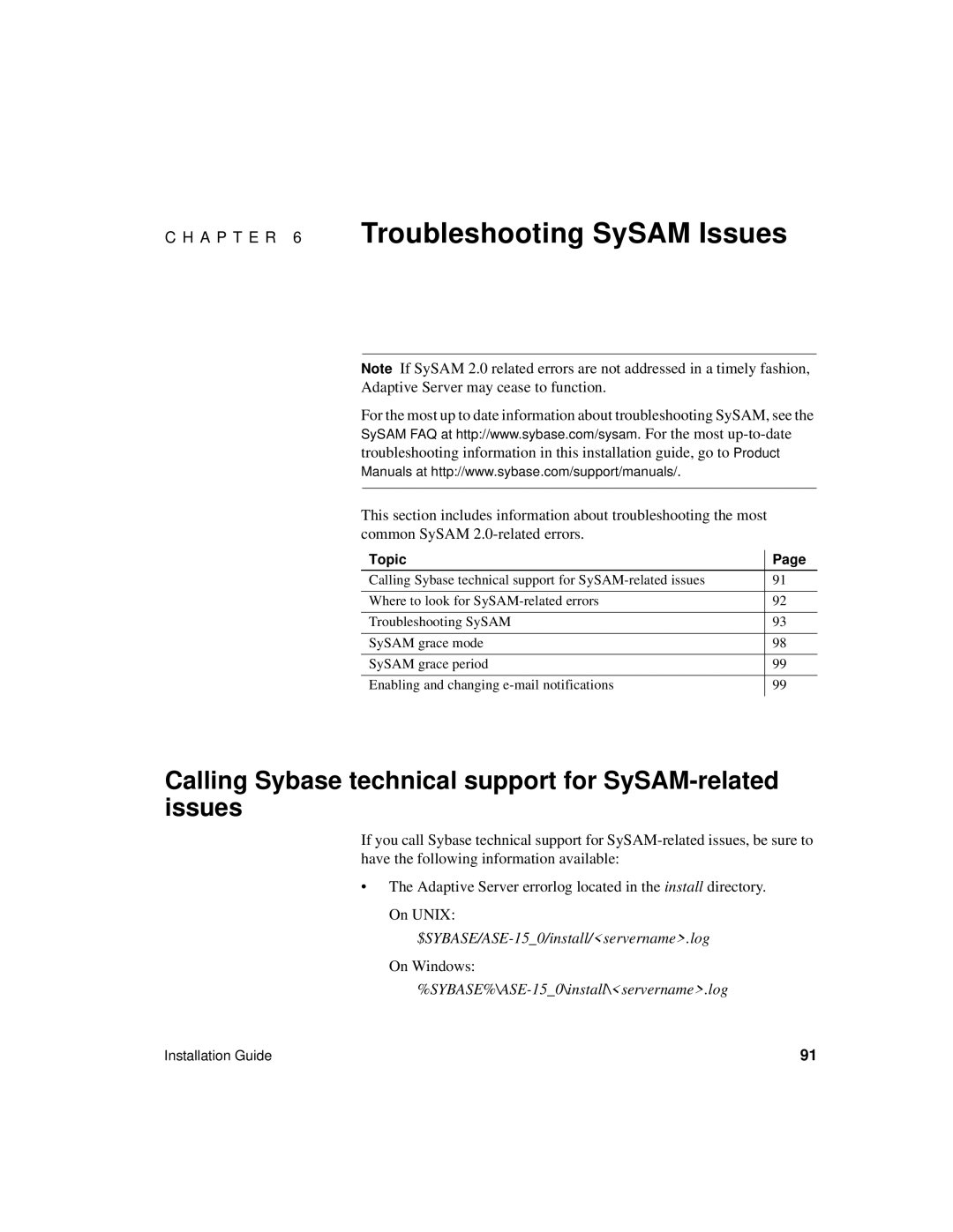 Sybase 15.0.2 manual A P T E R 6 Troubleshooting SySAM Issues, Calling Sybase technical support for SySAM-related issues 