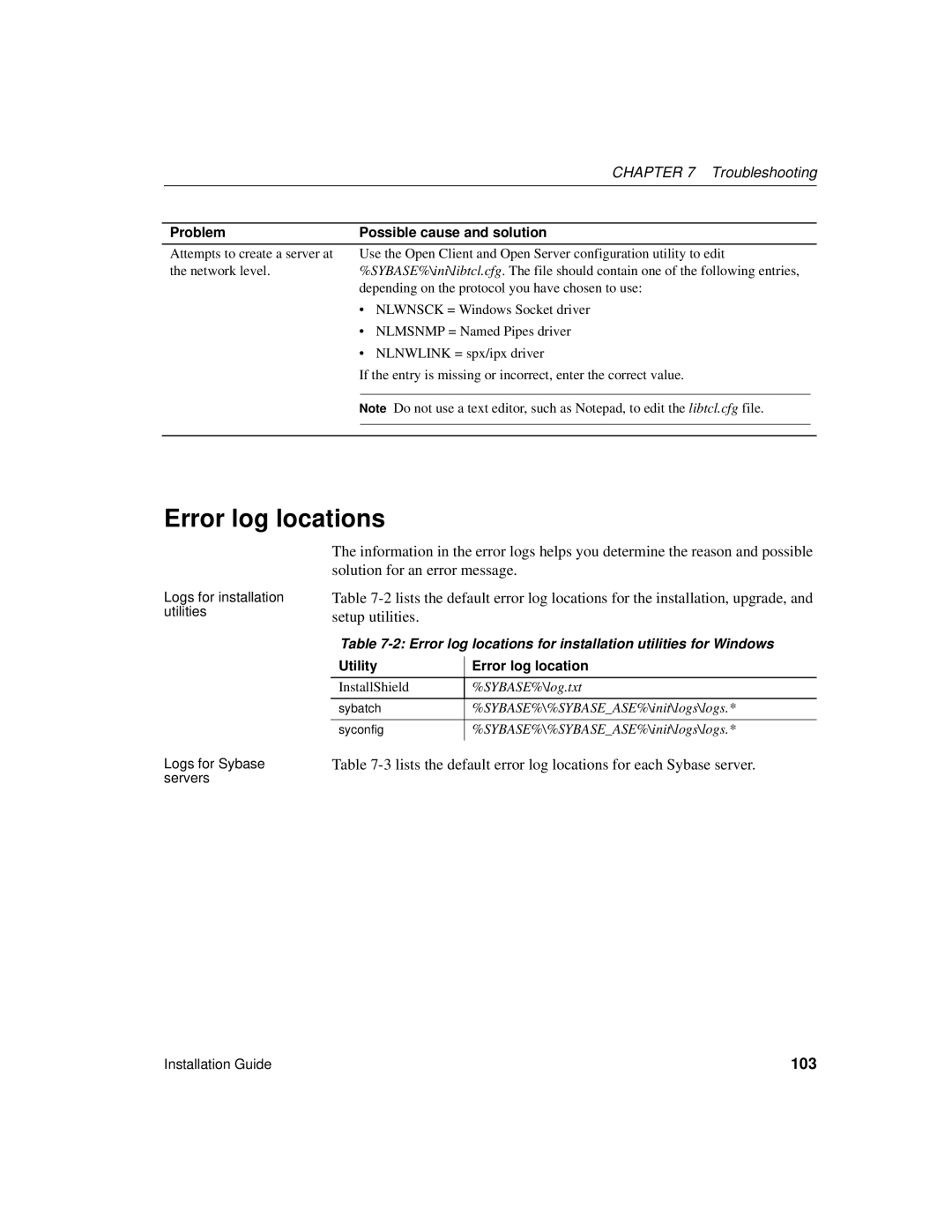 Sybase 15.0.2 manual Troubleshooting, 103, Error log locations for installation utilities for Windows 