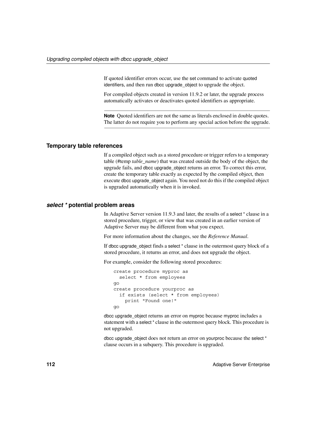 Sybase 15.0.2 manual Temporary table references, Select * potential problem areas, 112 