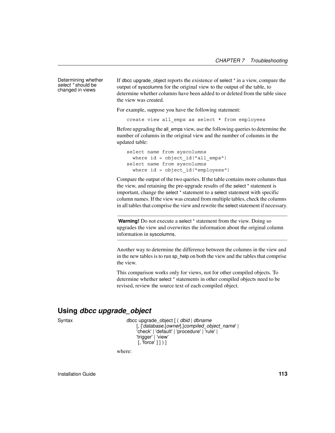 Sybase 15.0.2 manual Using dbcc upgradeobject, 113 
