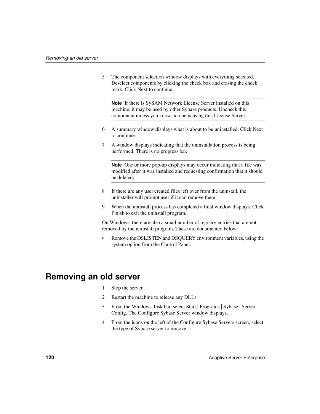 Sybase 15.0.2 manual Removing an old server, 120 