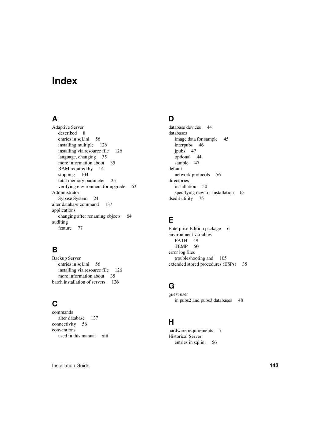 Sybase 15.0.2 manual Index, 143 