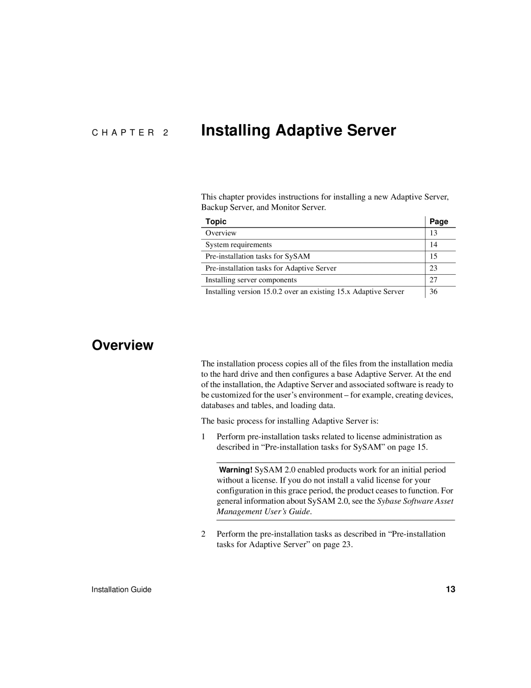 Sybase 15.0.2 manual A P T E R 2 Installing Adaptive Server, Overview 