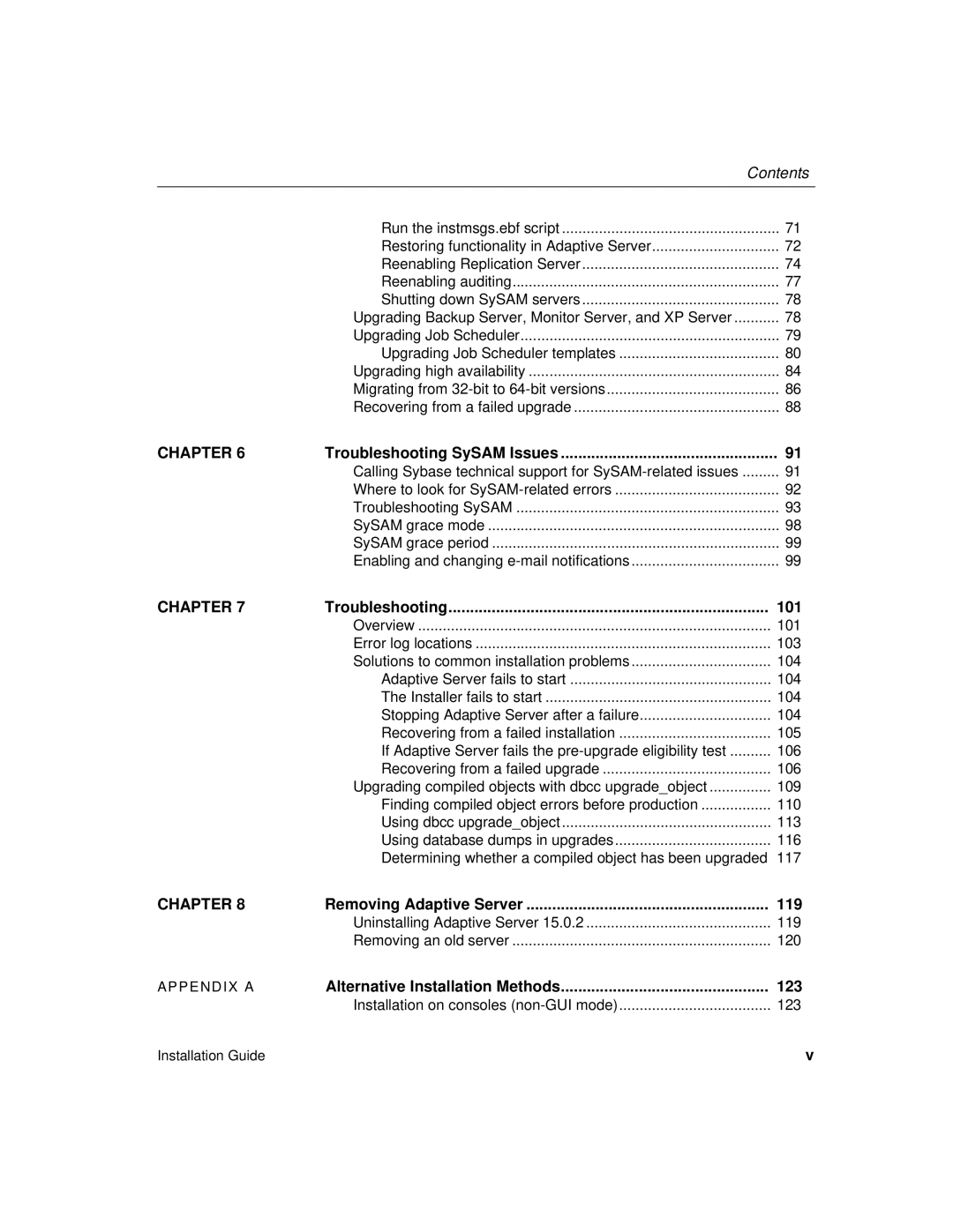 Sybase 15.0.2 manual Contents, 101, 119, 123 