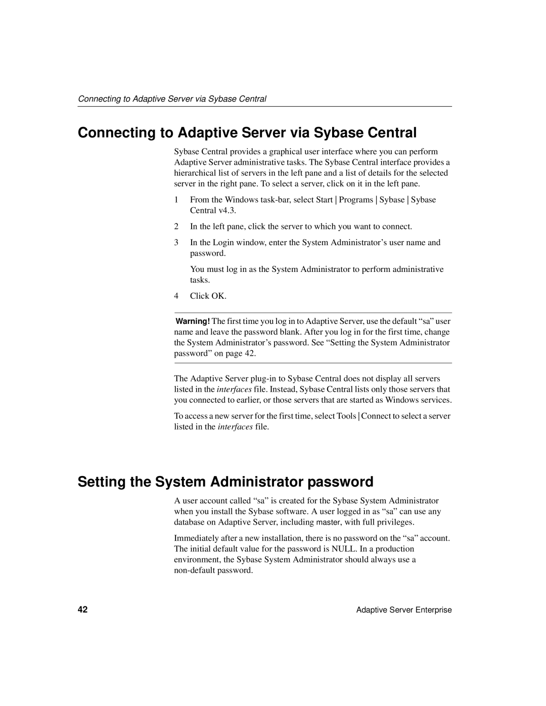 Sybase 15.0.2 manual Connecting to Adaptive Server via Sybase Central, Setting the System Administrator password 