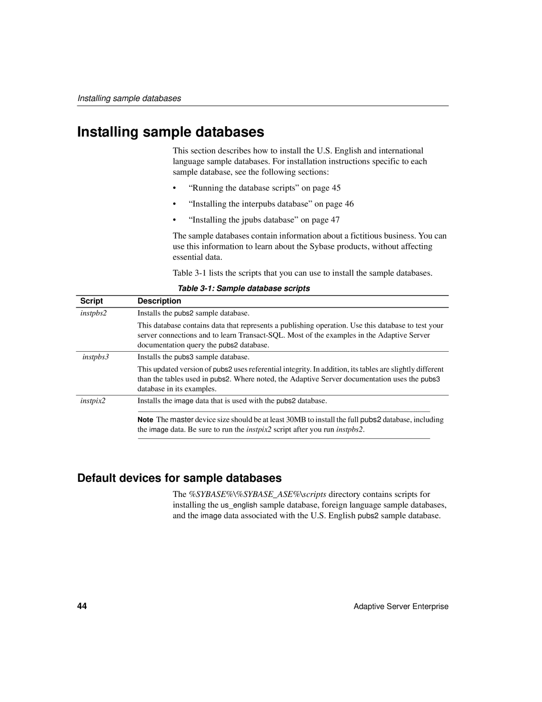 Sybase 15.0.2 manual Installing sample databases, Default devices for sample databases, Sample database scripts 