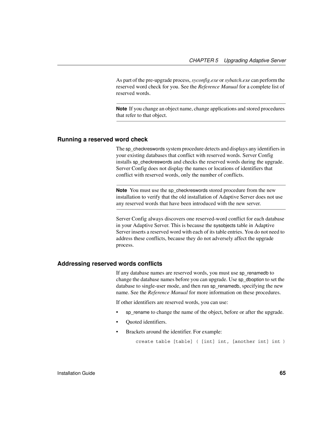 Sybase 15.0.2 manual Running a reserved word check, Addressing reserved words conflicts 