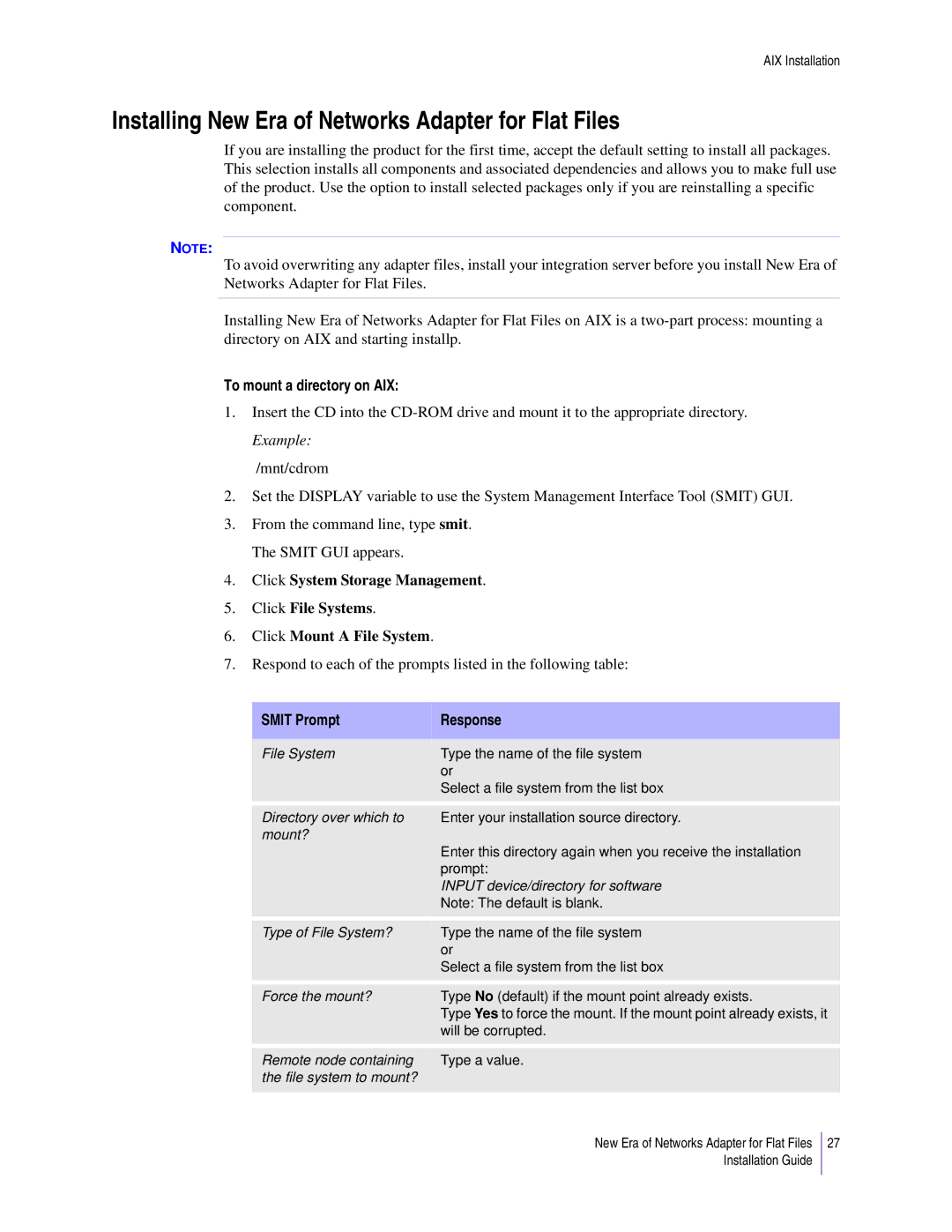 Sybase 3.8 manual To mount a directory on AIX, Smit Prompt Response 