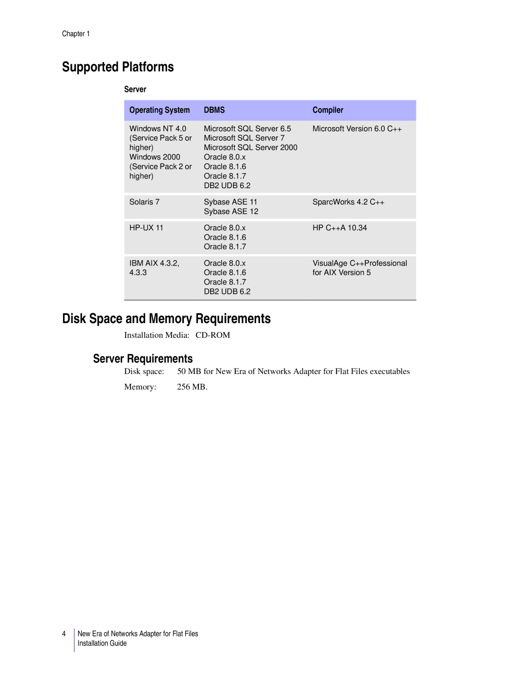 Sybase 3.8 manual Supported Platforms, Disk Space and Memory Requirements, Server Requirements, Compiler 