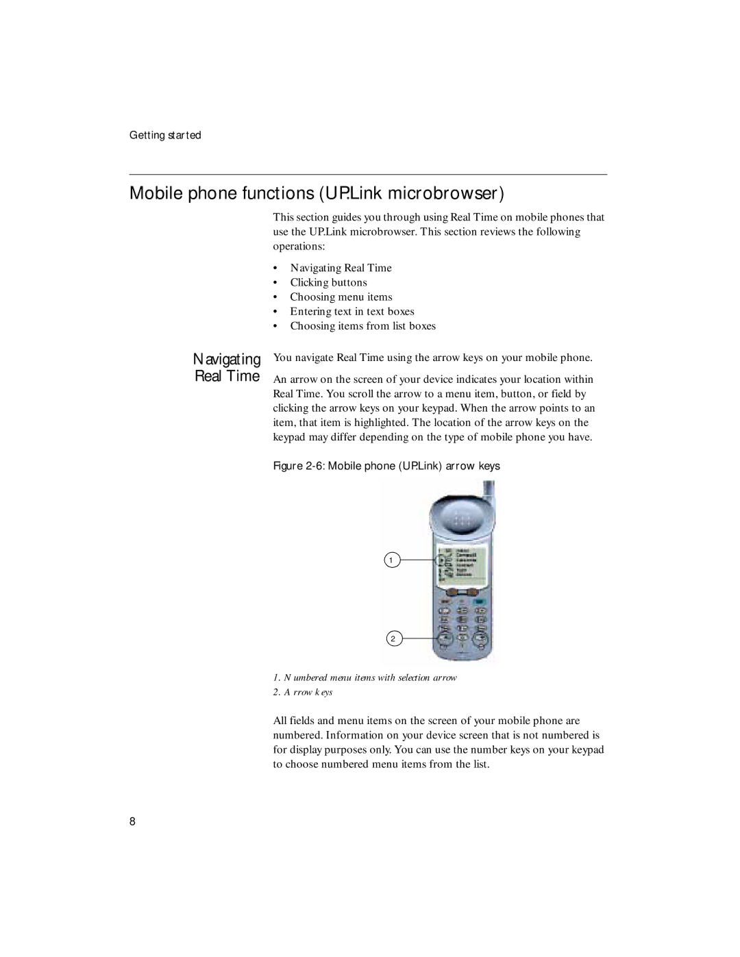 Sybase 4.1 manual Mobile phone functions UP.Link microbrowser, Numbered menu items with selection arrow Arrow keys 