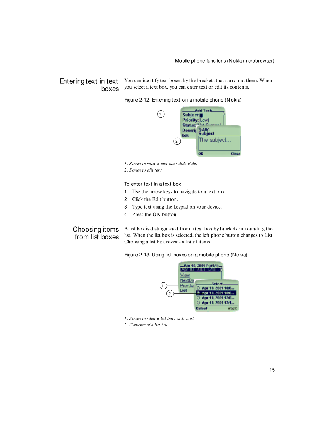 Sybase 4.1 manual Choosing items from list boxes, Screen to select a text box click Edit Screen to edit text 