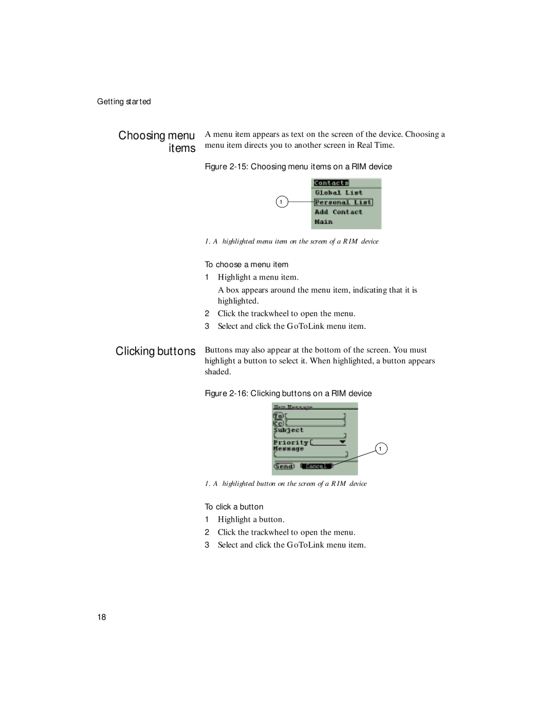 Sybase 4.1 manual Highlighted menu item on the screen of a RIM device, Highlighted button on the screen of a RIM device 