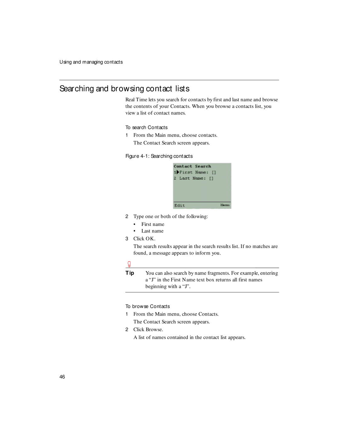 Sybase 4.1 manual Searching and browsing contact lists, Searching contacts 