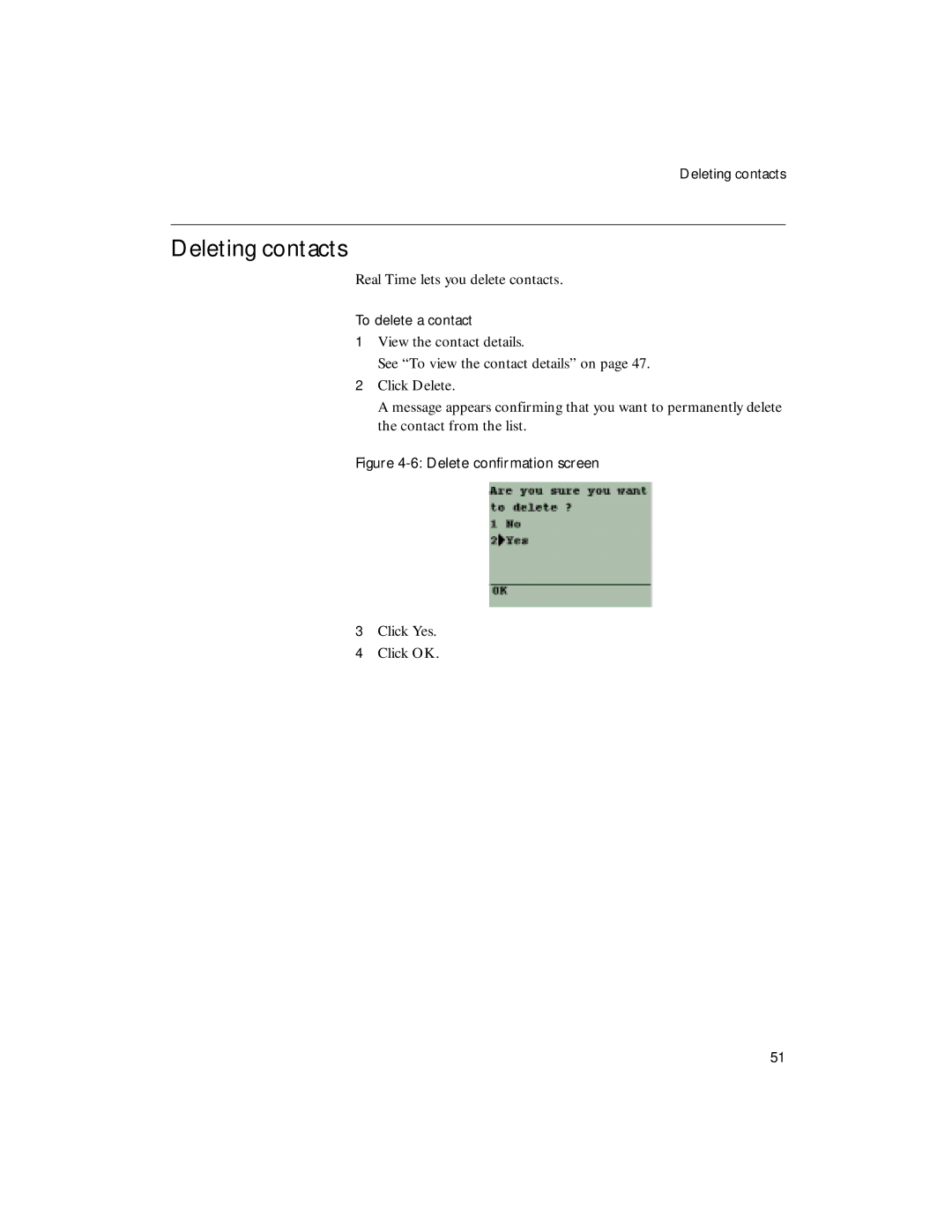 Sybase 4.1 manual Deleting contacts, Delete confirmation screen 