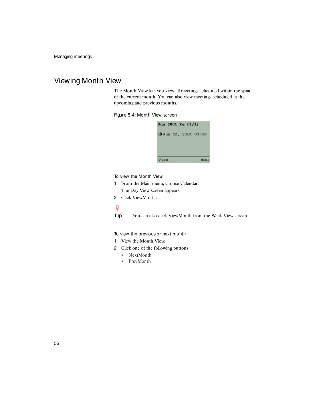 Sybase 4.1 manual Viewing Month View, Month View screen To view the Month View 