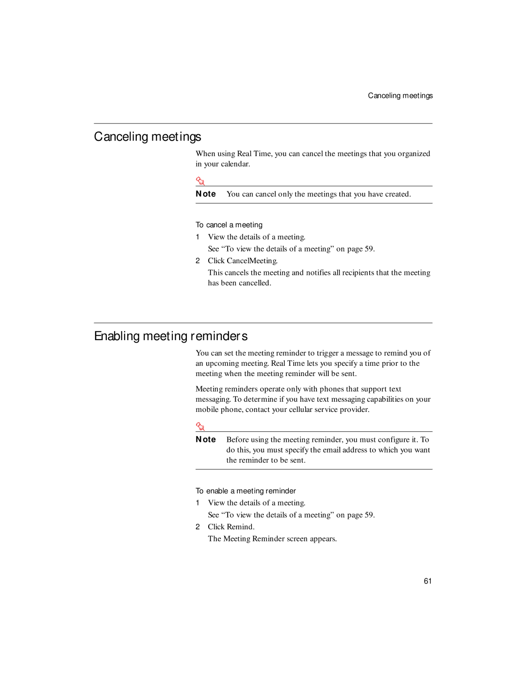 Sybase 4.1 manual Canceling meetings, Enabling meeting reminders 