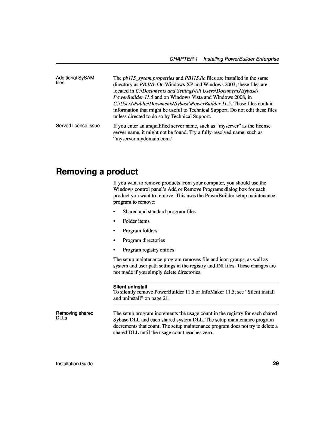 Sybase 6131765115041SS manual Removing a product, Installing PowerBuilder Enterprise 