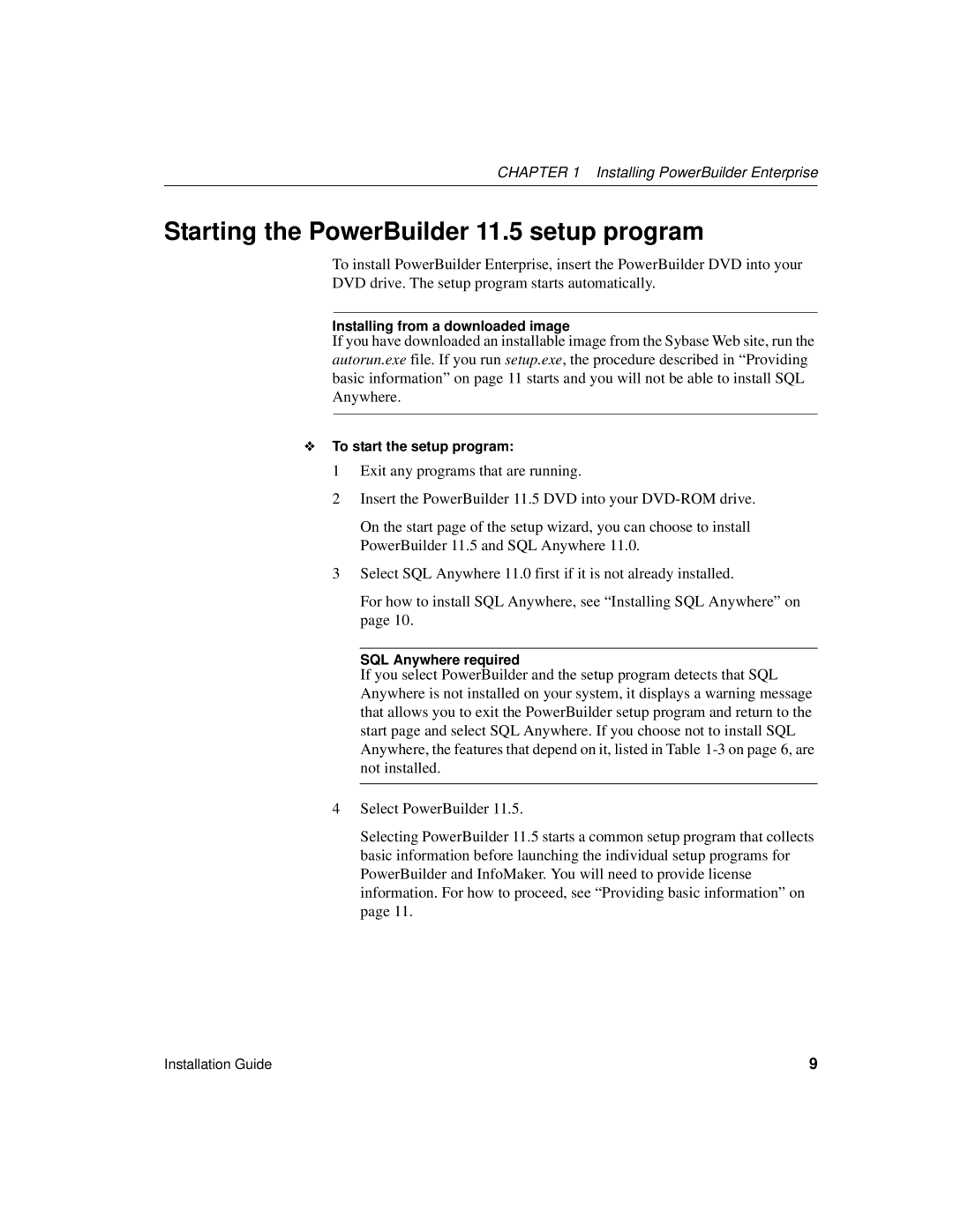 Sybase 6131765115041SS manual Starting the PowerBuilder 11.5 setup program, Installing from a downloaded image 