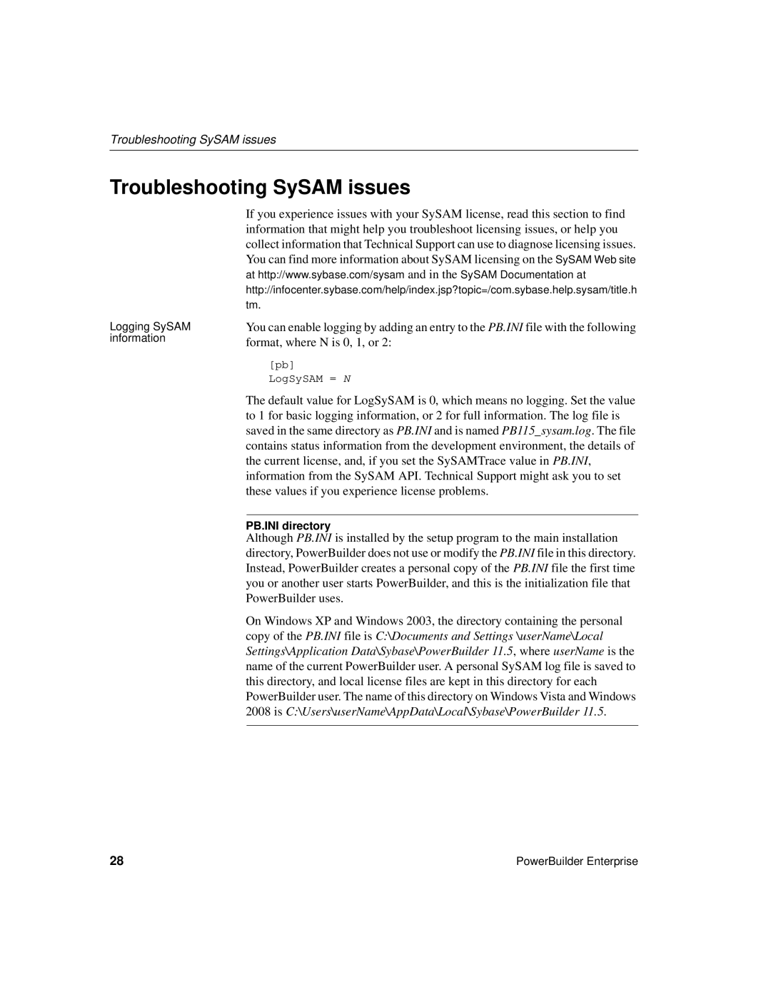 Sybase 6131765115041SS manual Troubleshooting SySAM issues, PB.INI directory 