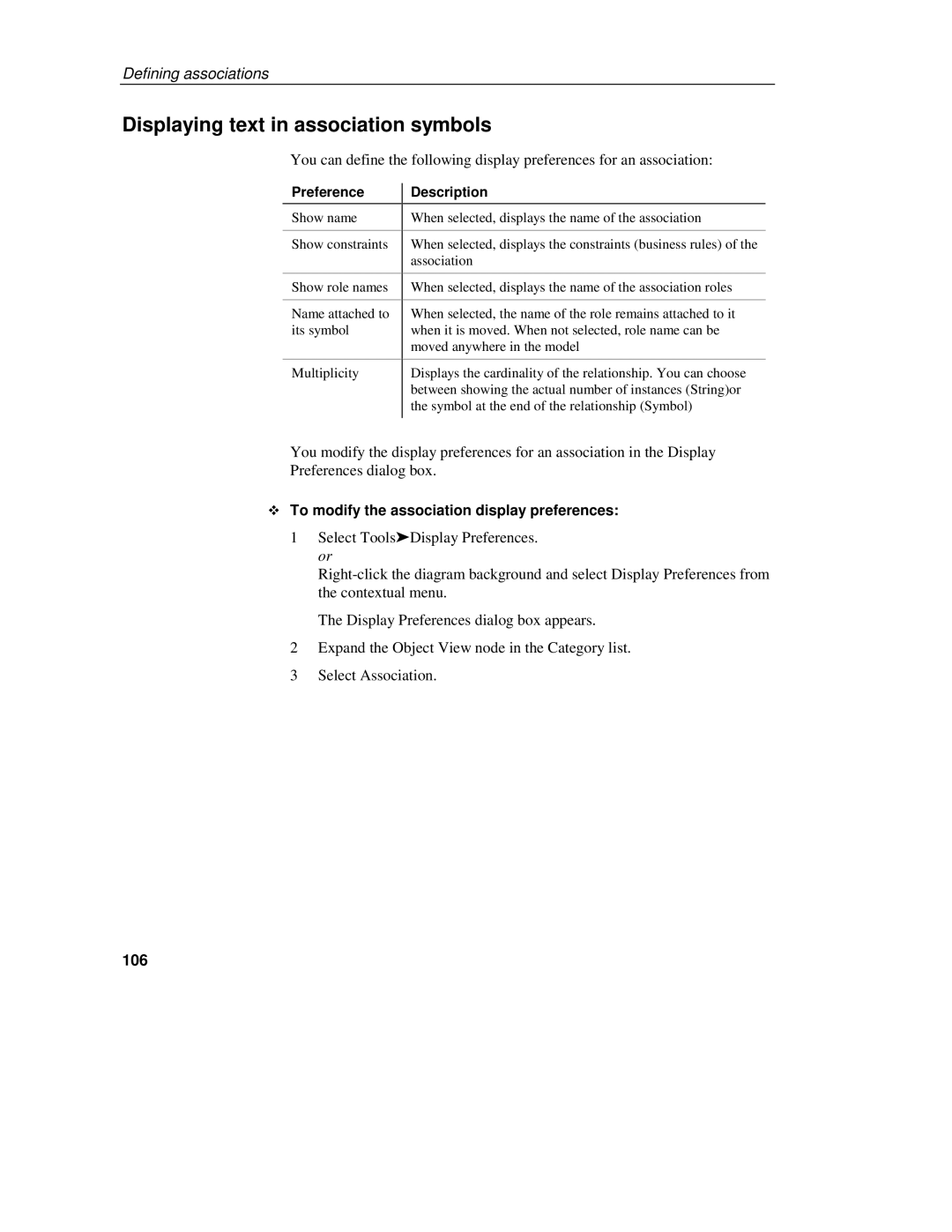 Sybase 7.5 manual Displaying text in association symbols, To modify the association display preferences, 106 