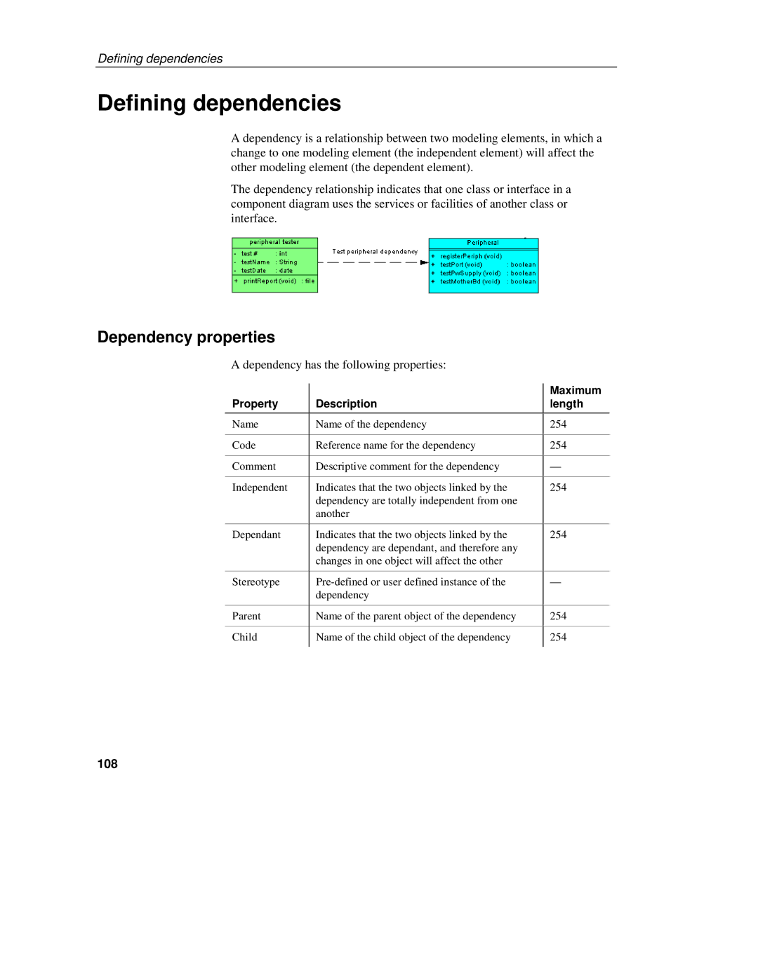 Sybase 7.5 manual Defining dependencies, Dependency properties, Dependency has the following properties, 108 