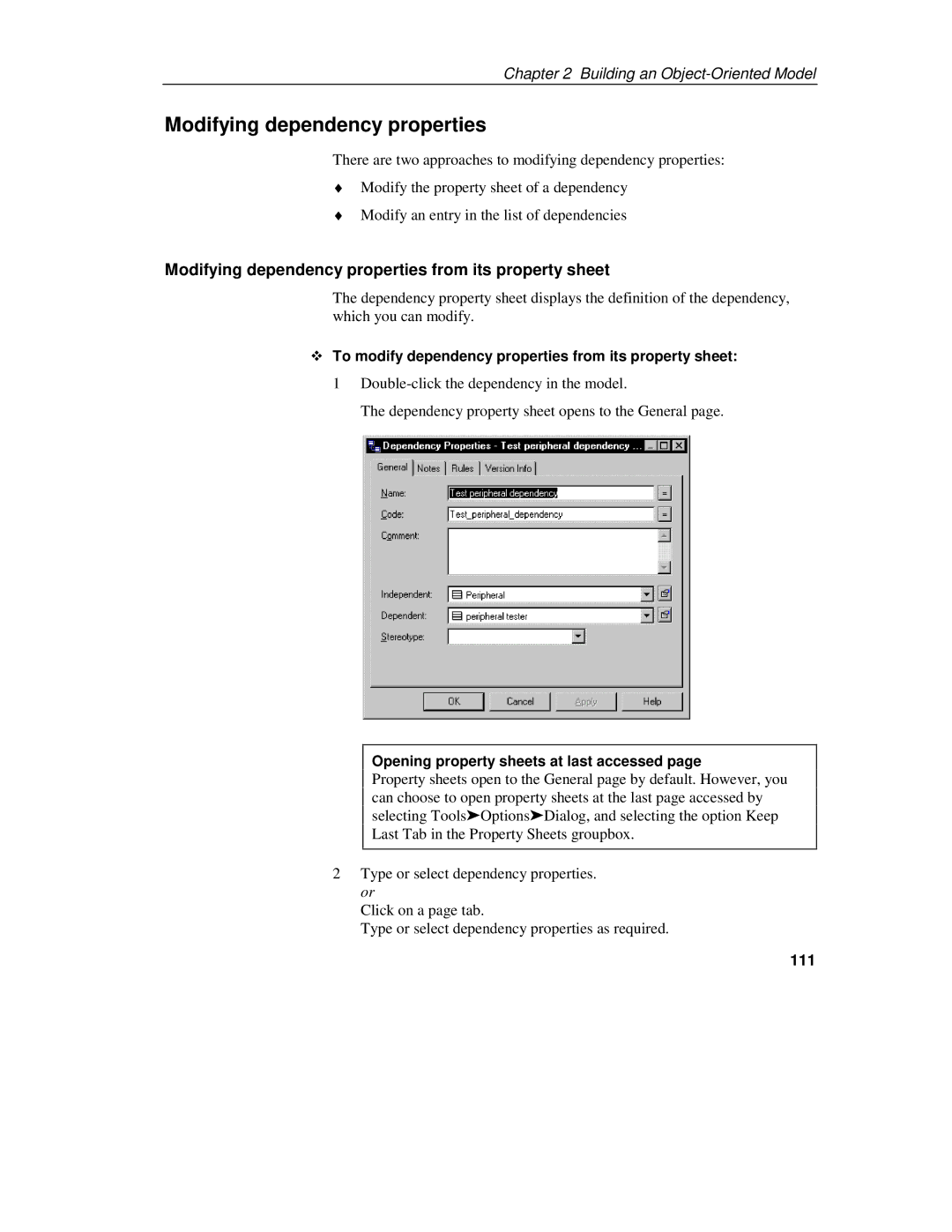 Sybase 7.5 manual Modifying dependency properties from its property sheet, 111 