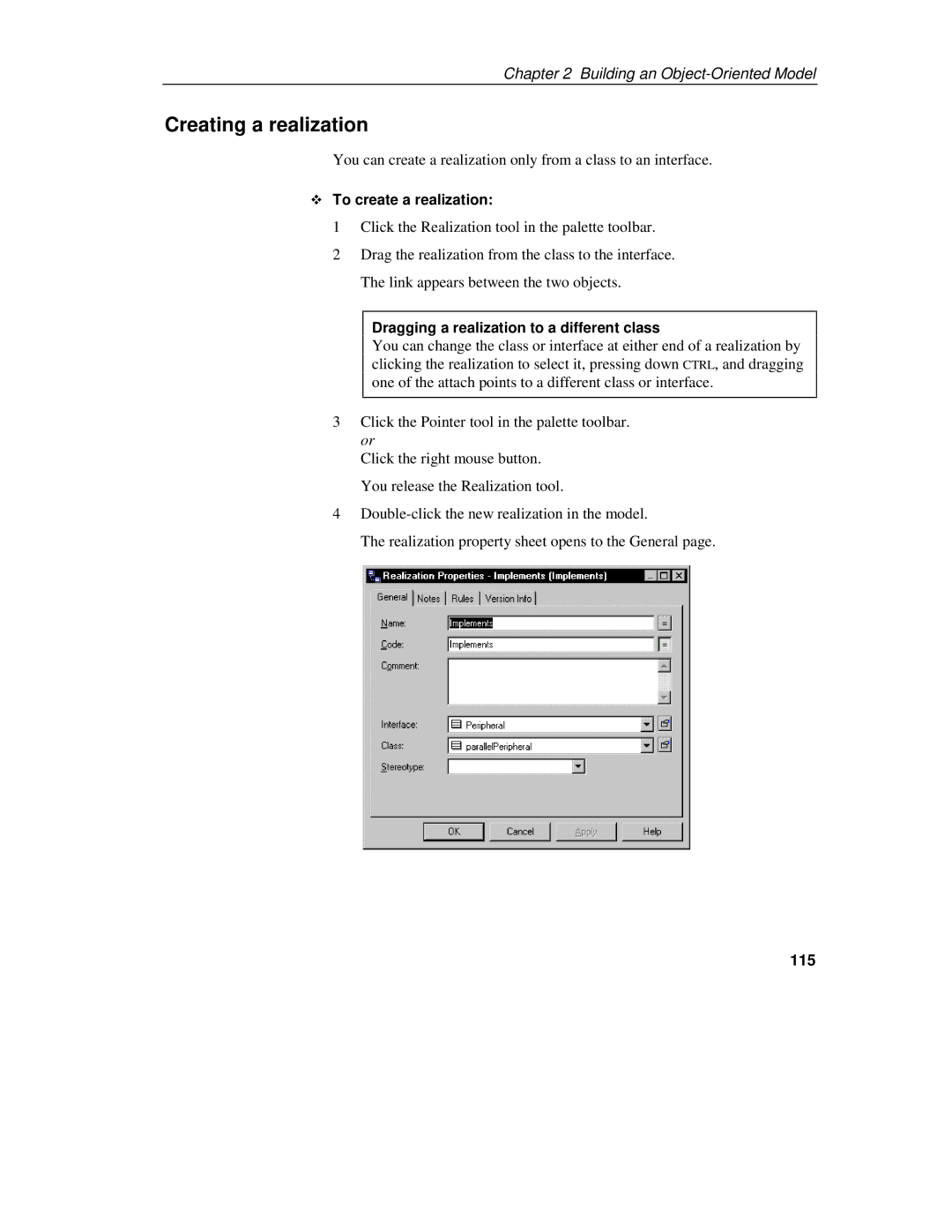 Sybase 7.5 manual Creating a realization, To create a realization, Dragging a realization to a different class, 115 