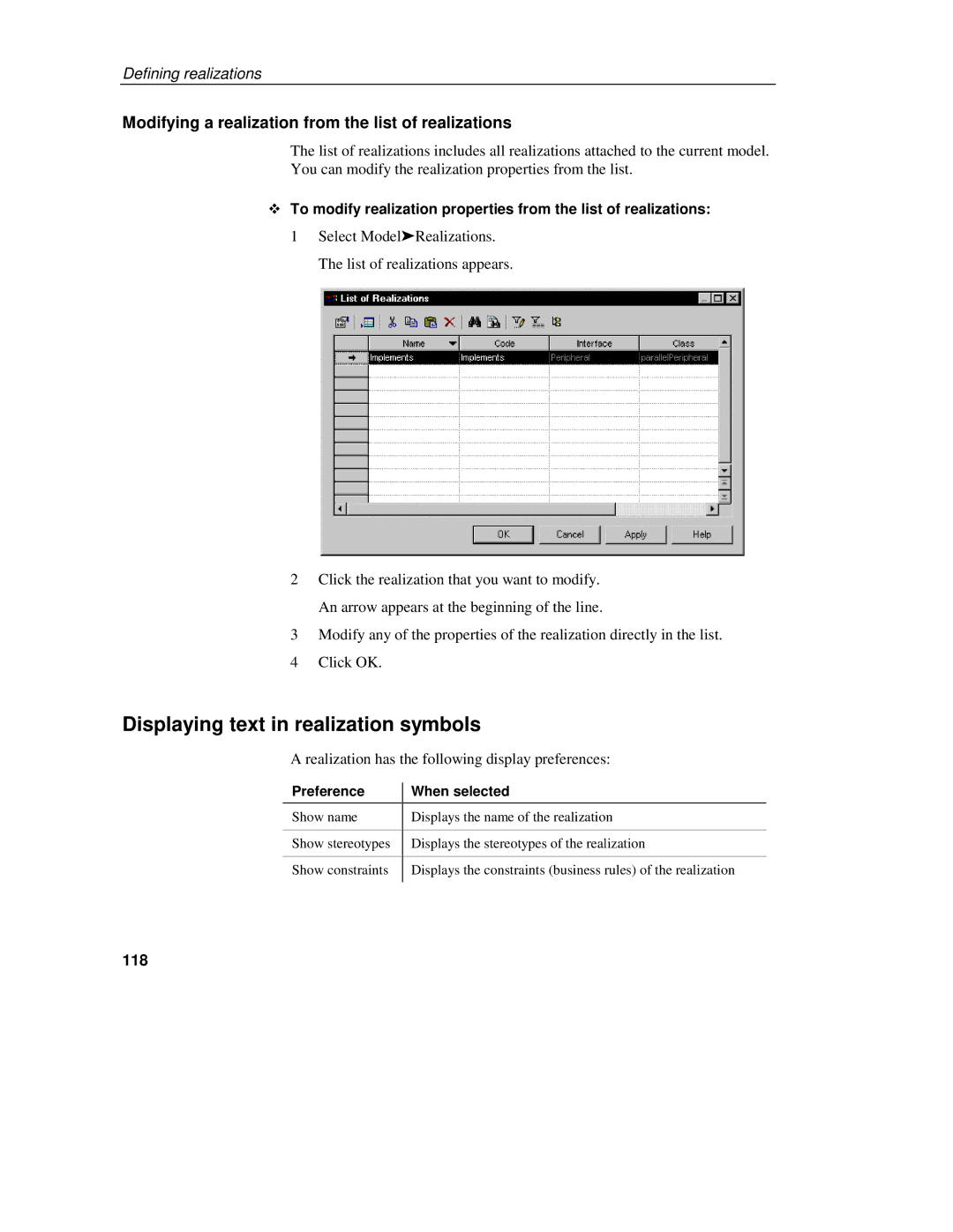 Sybase 7.5 manual Displaying text in realization symbols, Modifying a realization from the list of realizations, 118 