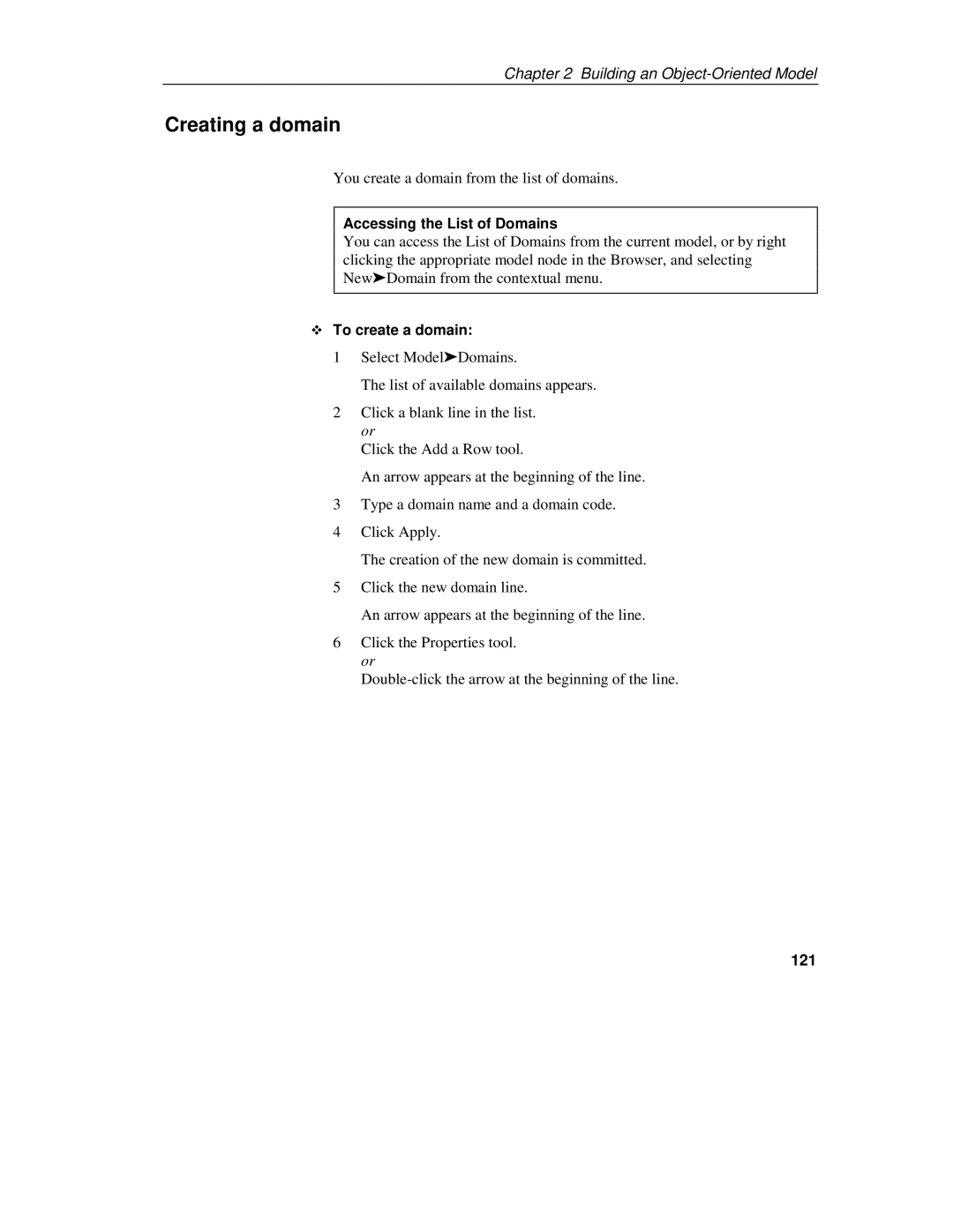 Sybase 7.5 manual Creating a domain, You create a domain from the list of domains, Accessing the List of Domains, 121 