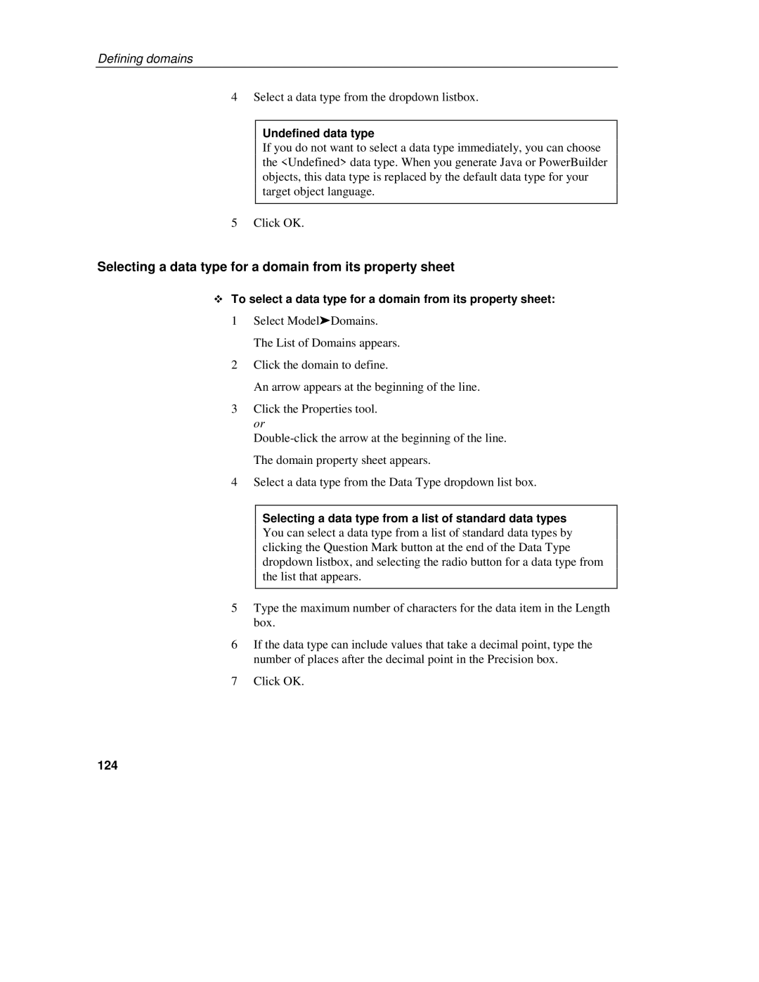 Sybase 7.5 manual Selecting a data type for a domain from its property sheet, Undefined data type, 124 