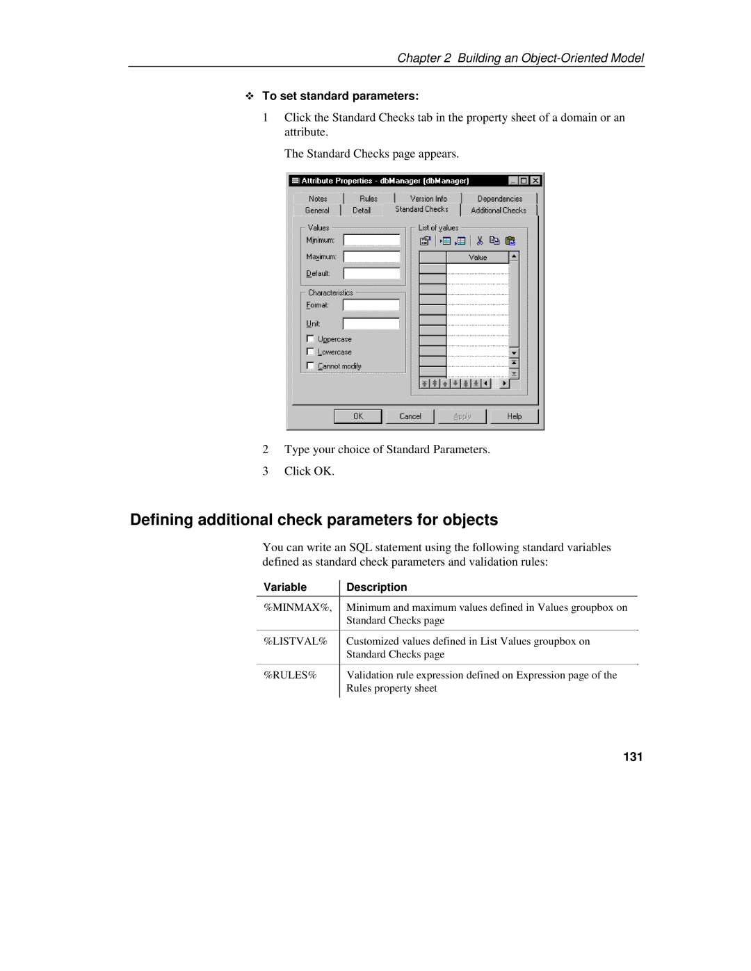 Sybase 7.5 manual Defining additional check parameters for objects, To set standard parameters, 131, Variable 