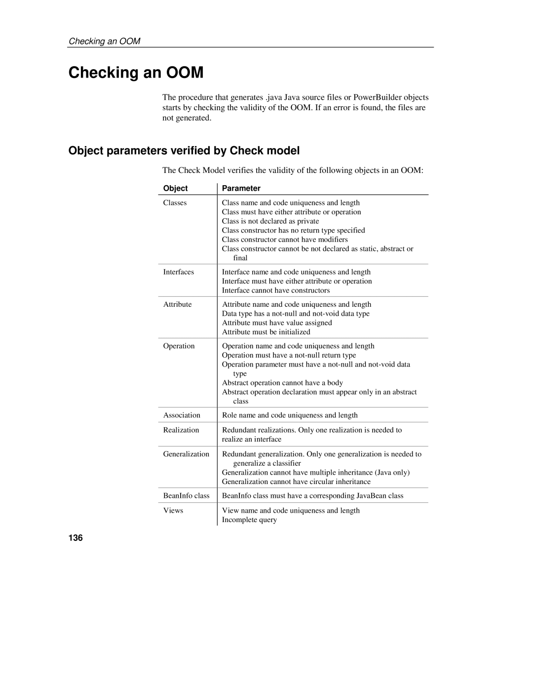 Sybase 7.5 manual Checking an OOM, Object parameters verified by Check model, 136 