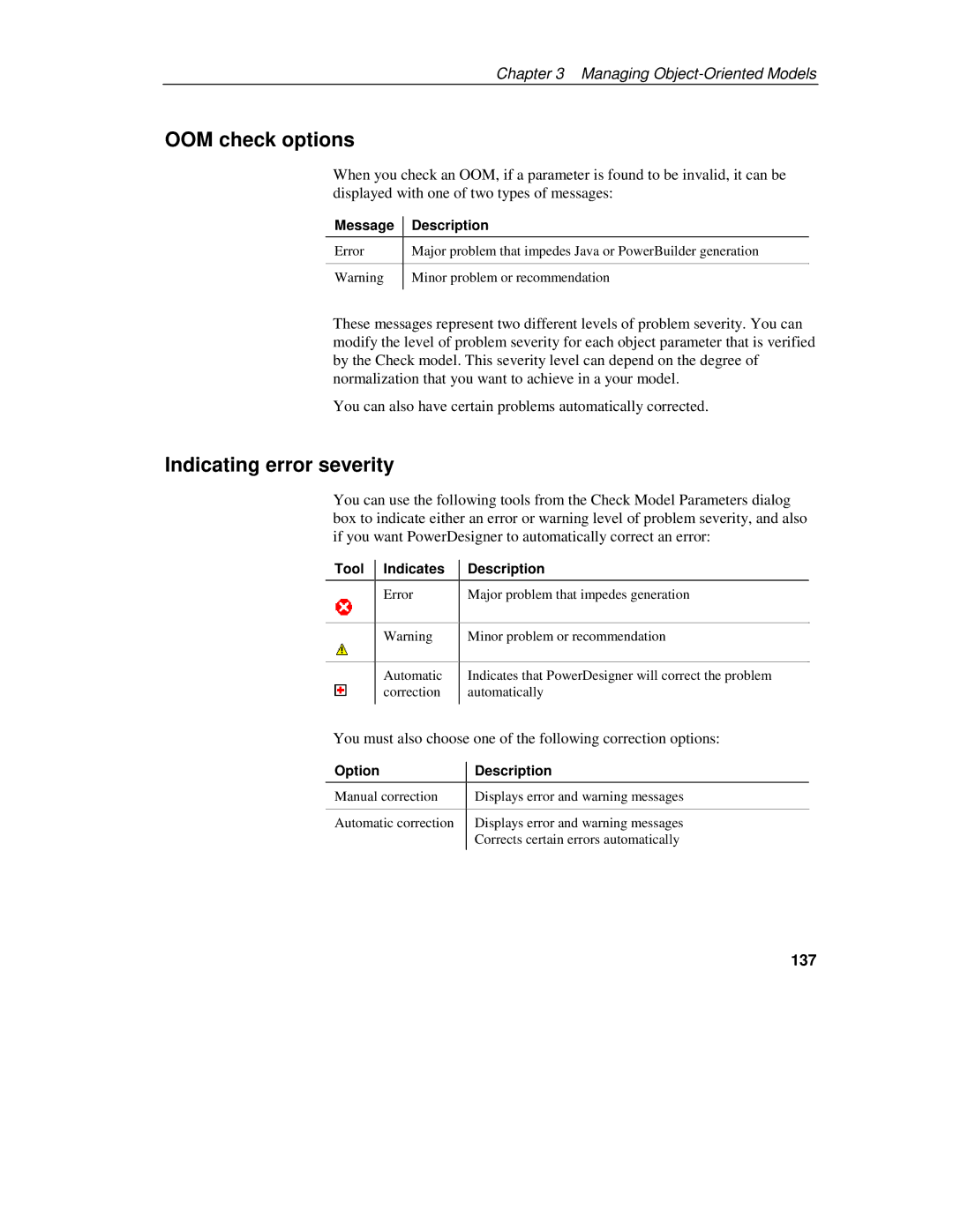 Sybase 7.5 manual OOM check options, Indicating error severity, 137, Message Description, Tool Indicates 