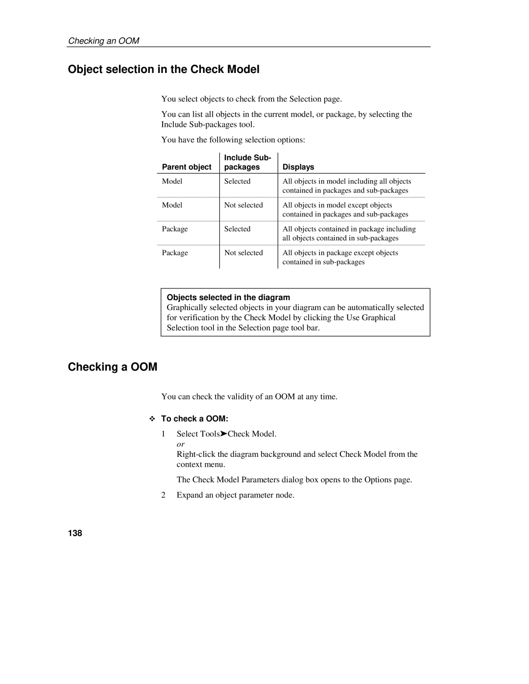 Sybase 7.5 manual Object selection in the Check Model, Checking a OOM, Objects selected in the diagram, To check a OOM, 138 