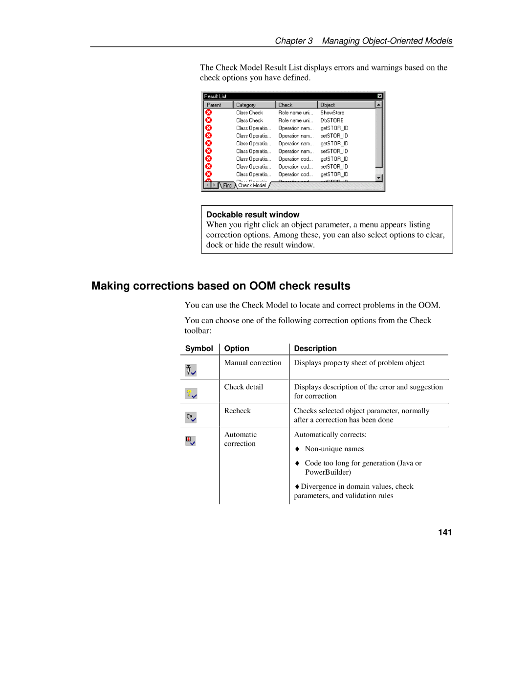 Sybase 7.5 manual Making corrections based on OOM check results, Dockable result window, 141, Symbol Option 