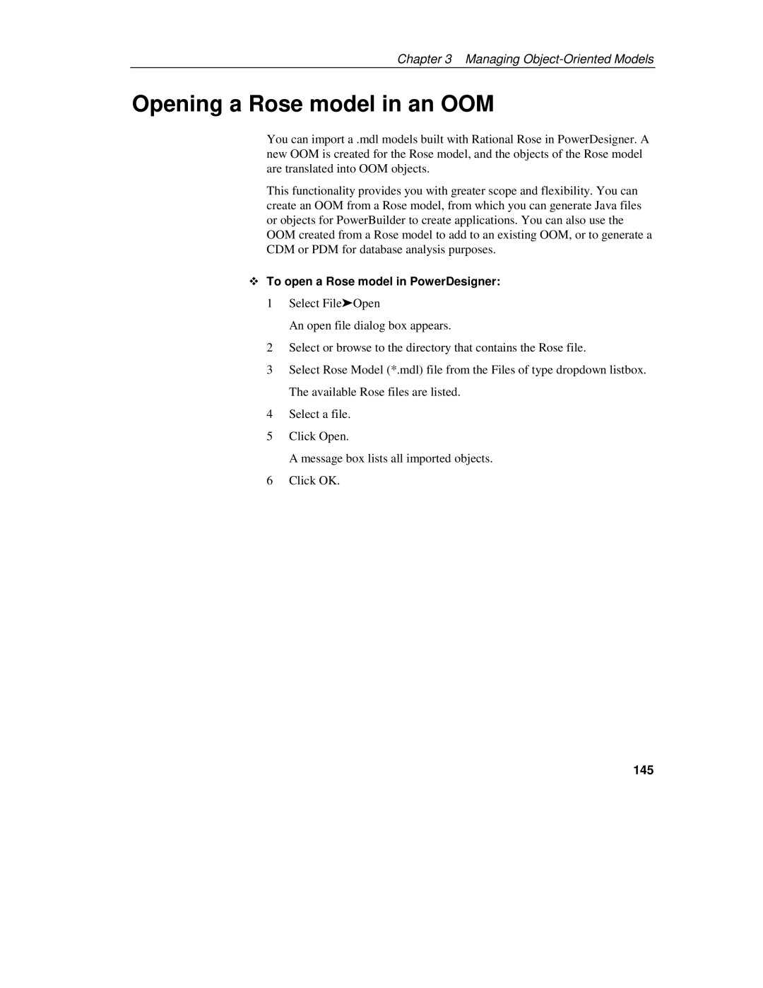 Sybase 7.5 manual Opening a Rose model in an OOM, To open a Rose model in PowerDesigner, 145 