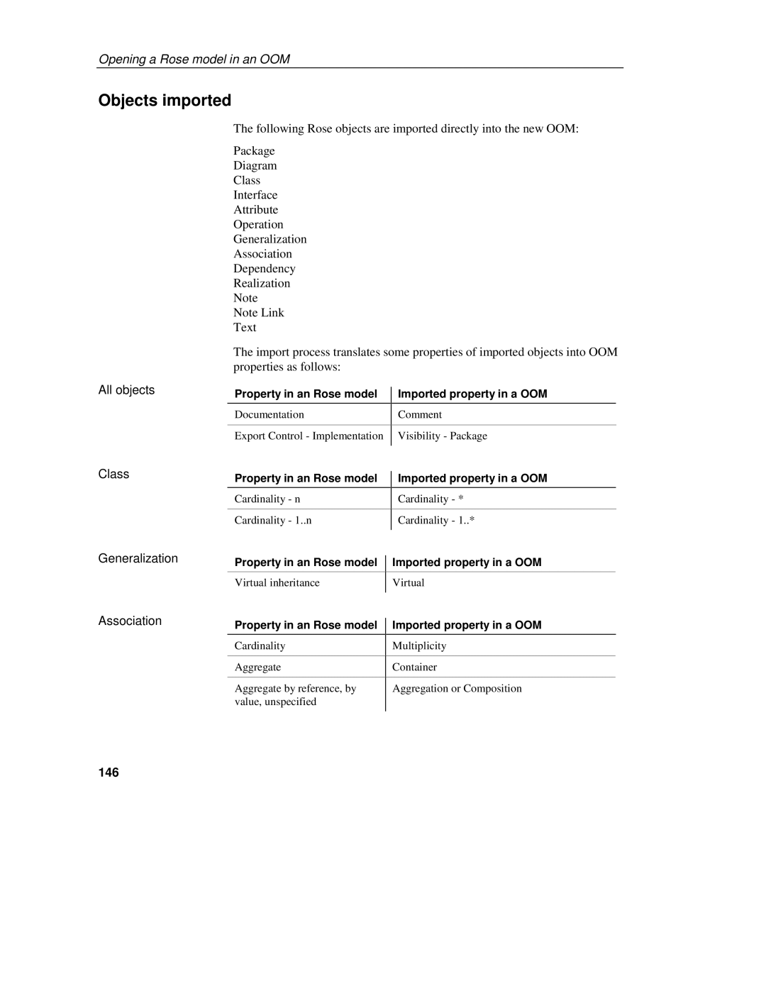 Sybase 7.5 manual Objects imported, All objects Class, Generalization Association, 146 