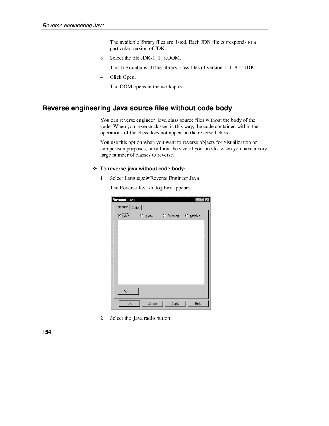 Sybase 7.5 manual Reverse engineering Java source files without code body, To reverse java without code body, 154 