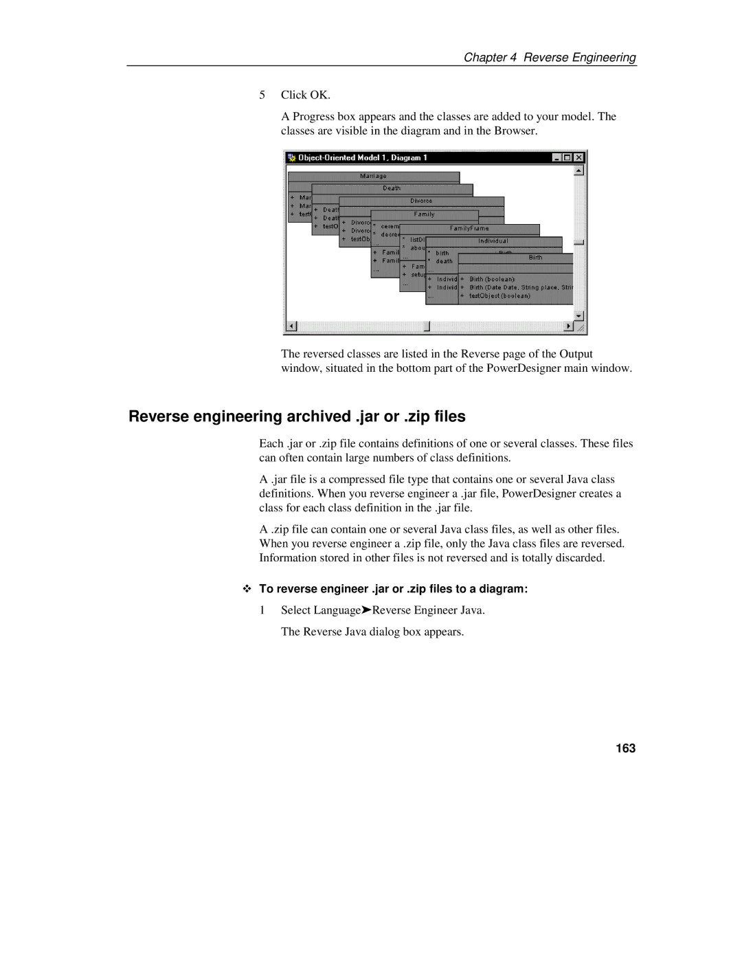 Sybase 7.5 manual Reverse engineering archived .jar or .zip files, To reverse engineer .jar or .zip files to a diagram, 163 