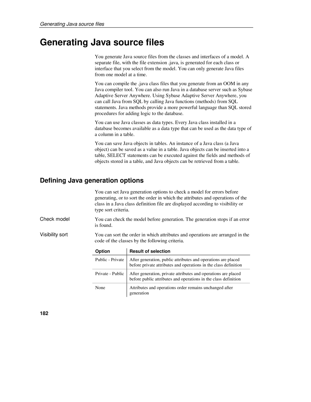 Sybase 7.5 manual Generating Java source files, Defining Java generation options, Check model, Visibility sort, 182 