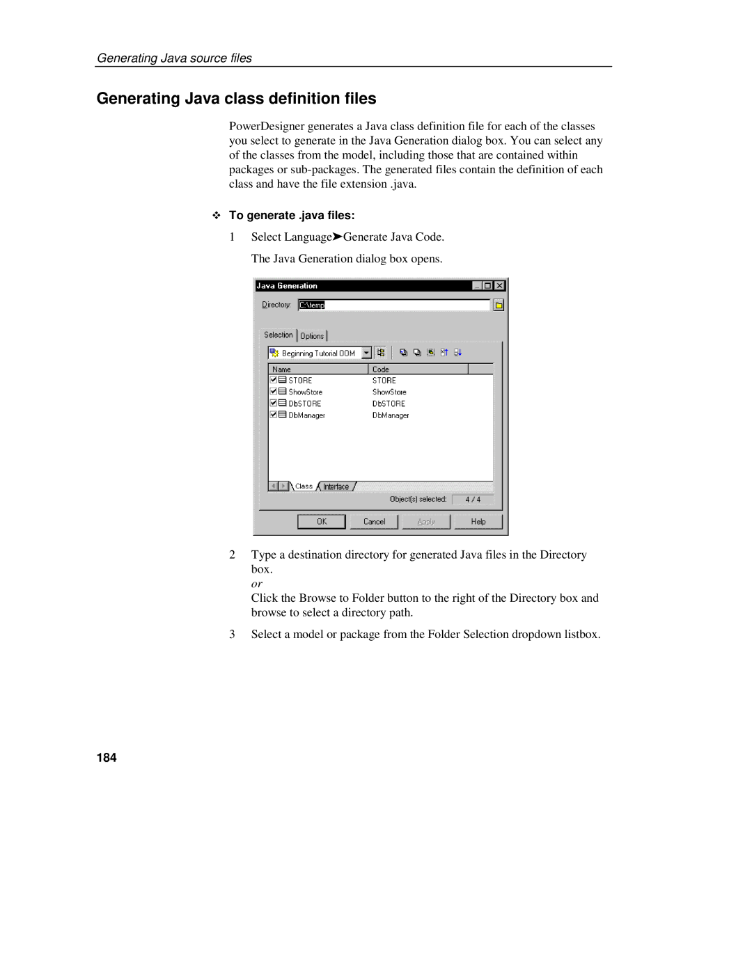 Sybase 7.5 manual Generating Java class definition files, To generate .java files, 184 