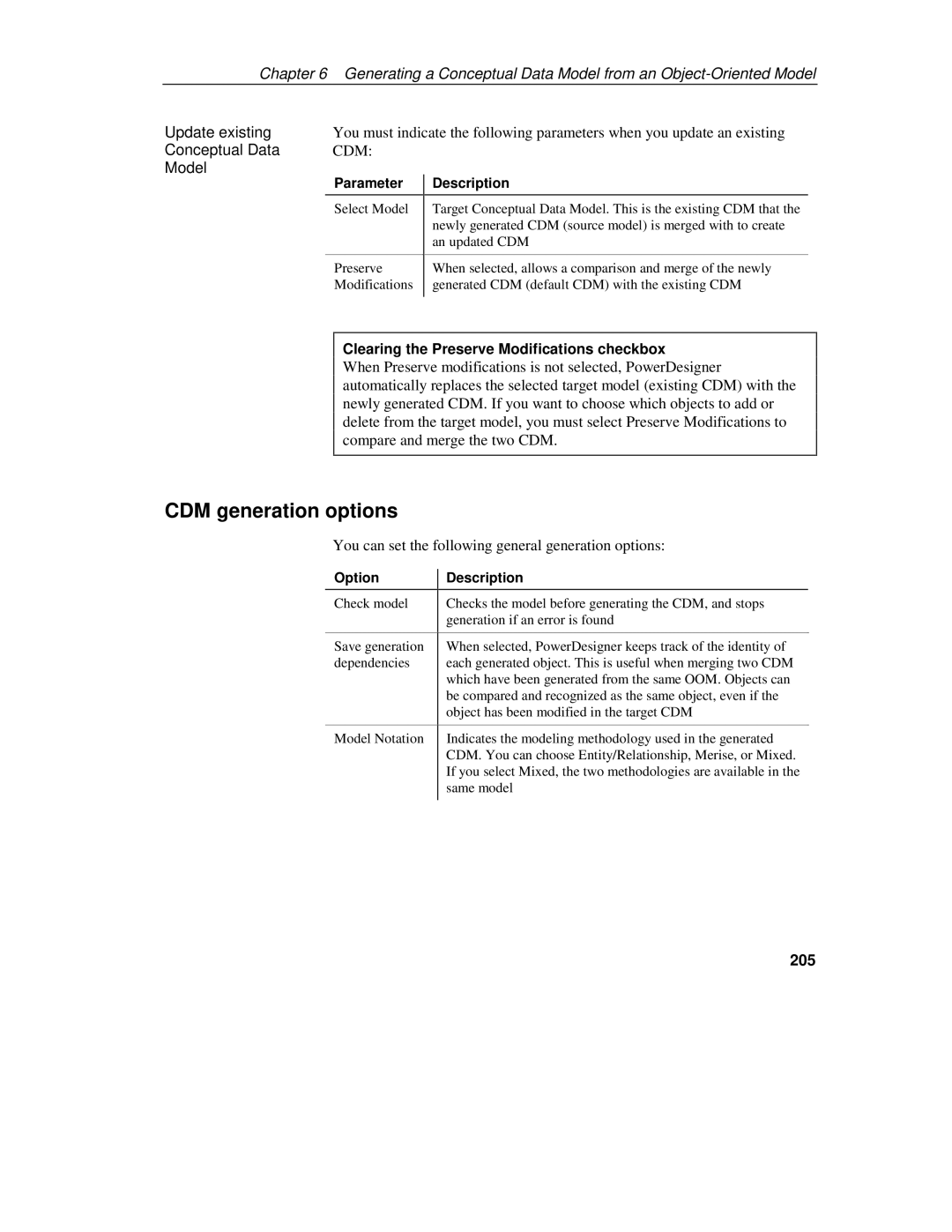 Sybase 7.5 manual CDM generation options, Update existing, Clearing the Preserve Modifications checkbox, 205 