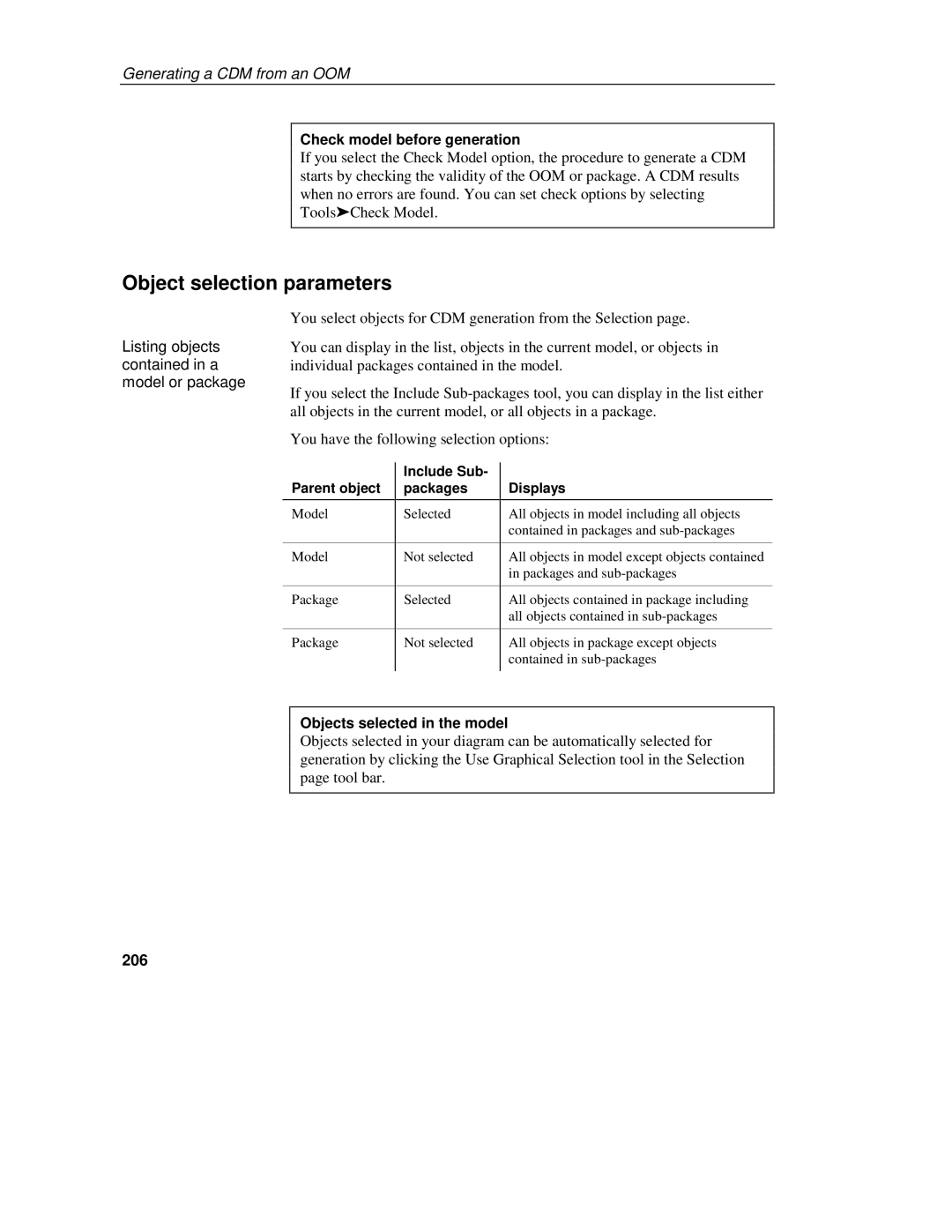 Sybase 7.5 manual Object selection parameters, Check model before generation, Objects selected in the model, 206 