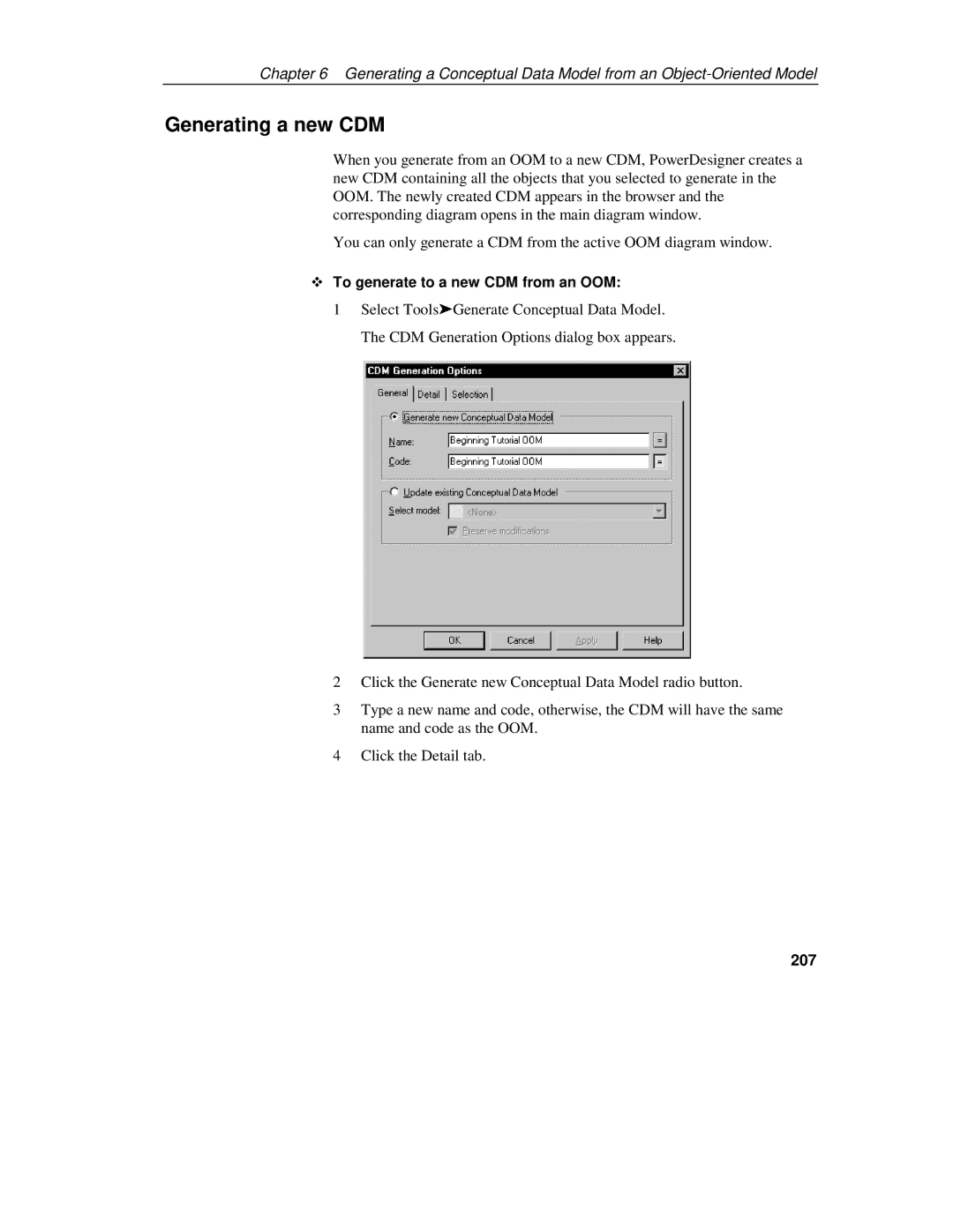 Sybase 7.5 manual Generating a new CDM, To generate to a new CDM from an OOM, 207 