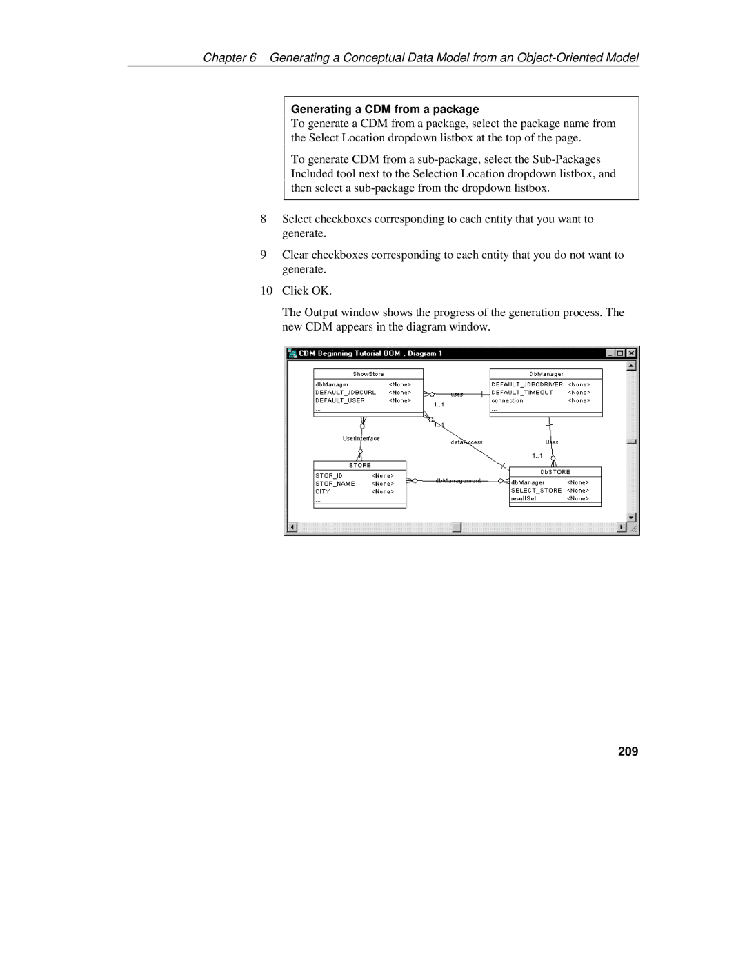 Sybase 7.5 manual Generating a CDM from a package, 209 